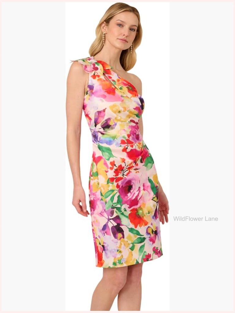 Print One Shoulder Midi Dress With Floral Detail